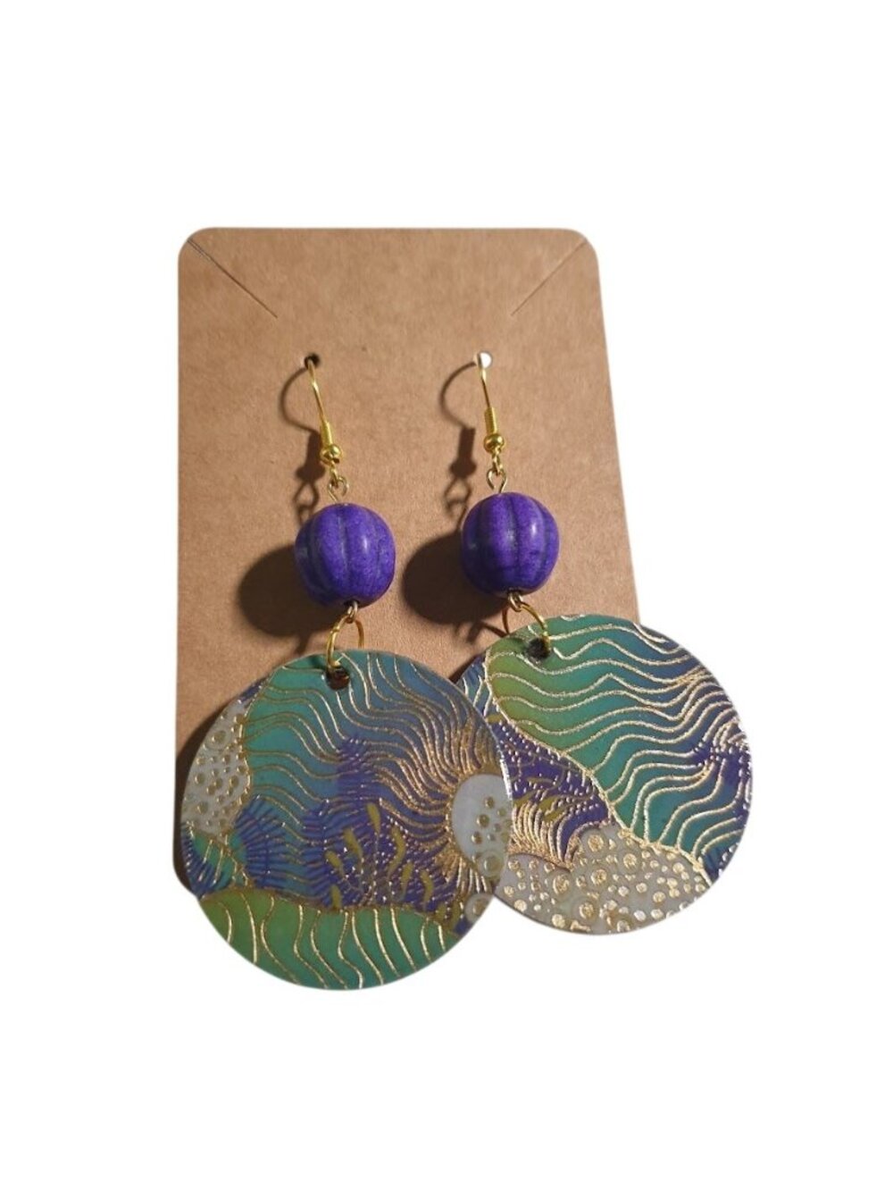Handmade By Donovan Drop Dangle Earrings Purple Beads Abstract Gold Swirl Beach